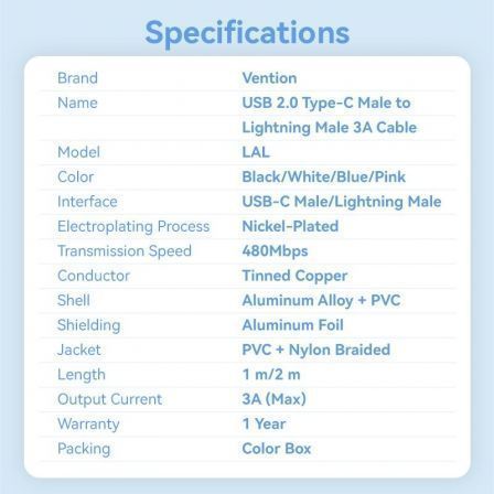 Vention Cable USB-C a Lightning Macho-Macho 27W 480Mbps 2m Negro Vention Cable USB-C a Lightning Macho-Macho 27W 480Mbps 2m Negro